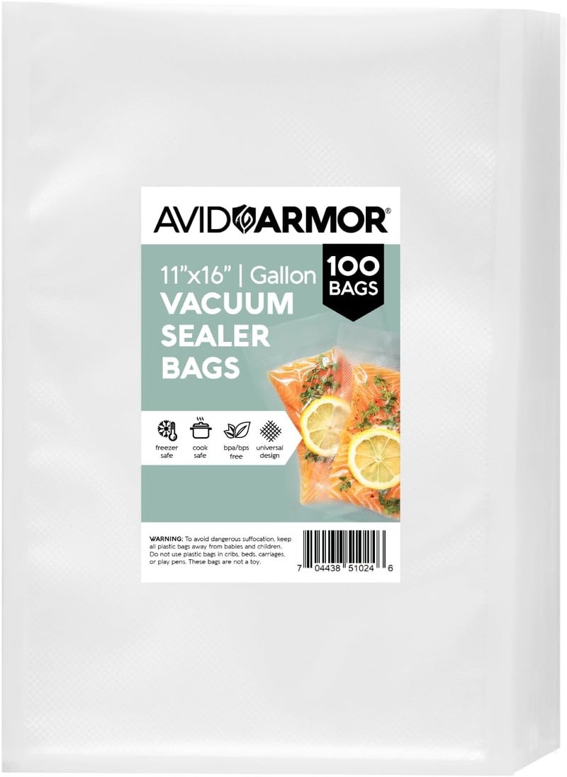 Avid Armor Vacuum Sealer Bags 100 Gallon 11"x16" for Food Saver, Seal a Meal Vac Sealers BPA Free, Heavy Duty Commercial Grade, Mea Prep and Sous Vide Vaccume Safe, Universal Design Pre-Cut Bag - Image 1